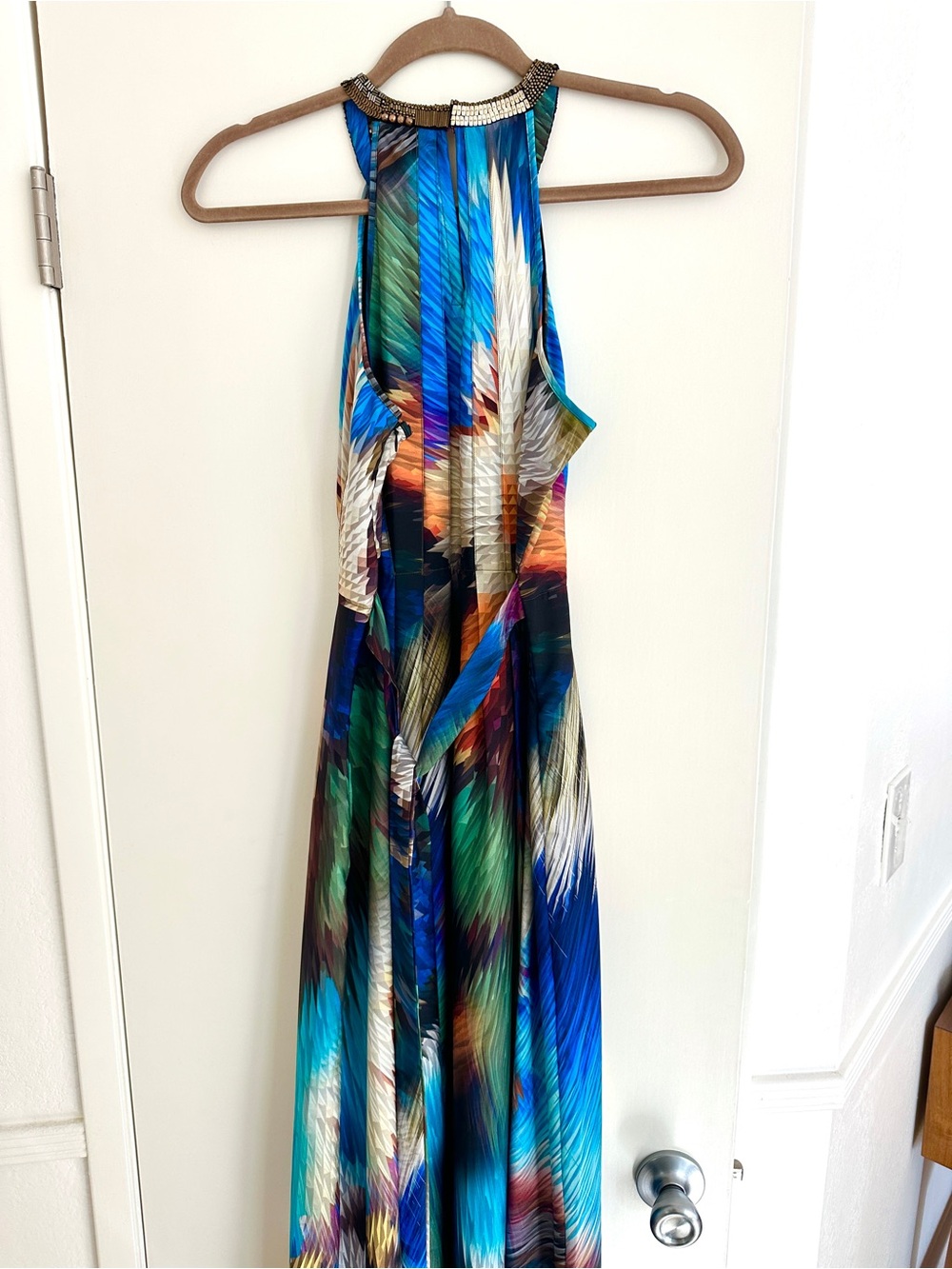 Blue Multicolor Abstract Beaded Halter Maxi Dress - Anthropologie - Picture 5 of 11